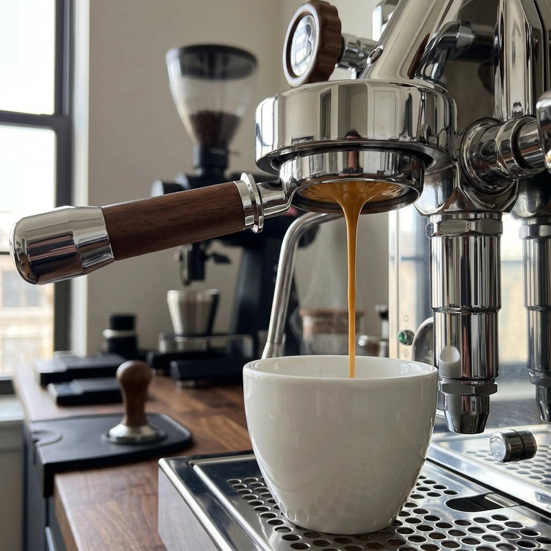 E61 Portafilter 58mm Wood Handle Bottomless & Spouted: bottomless spouted alternate angle full
