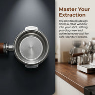 E61 Portafilter 58mm Wood Handle Bottomless & Spouted: close-up key components finish