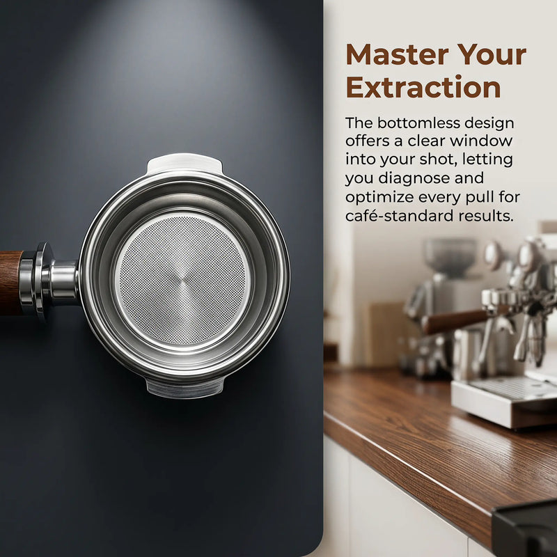 E61 Portafilter 58mm Wood Handle Bottomless & Spouted: close-up key components finish