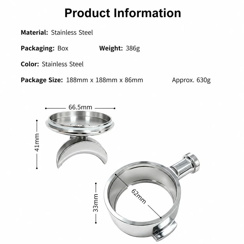 E61 Portafilter 58mm Wood Handle Bottomless & Spouted: dimensions stainless steel
