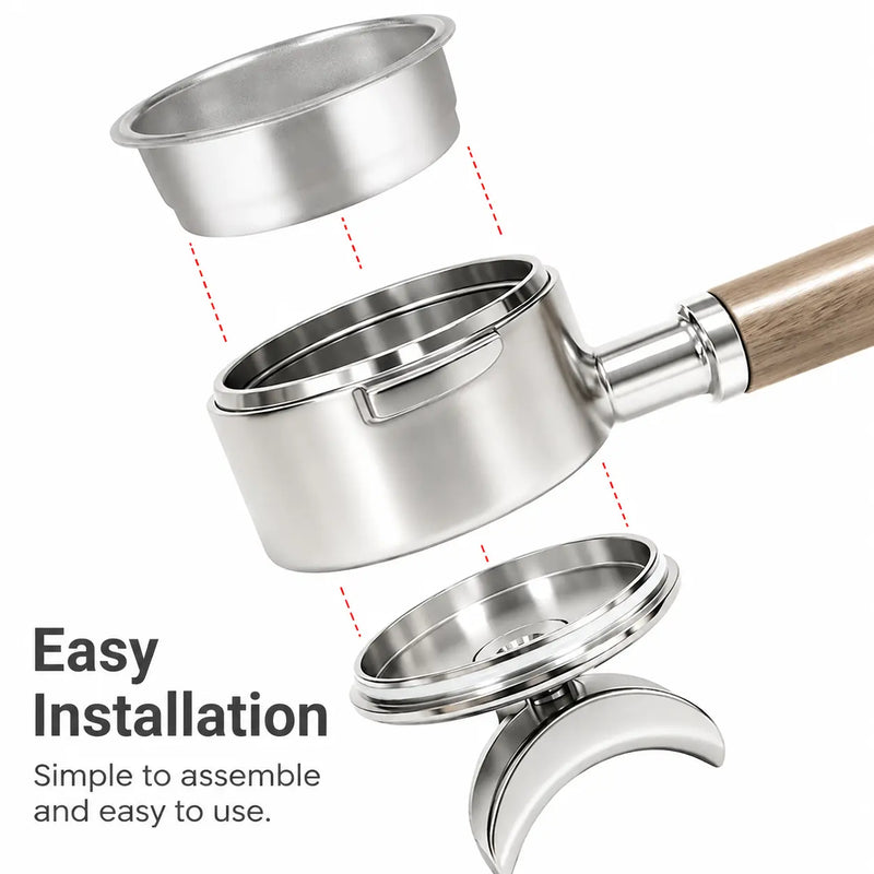 E61 Portafilter 58mm Wood Handle Bottomless & Spouted: exploded assembly basket