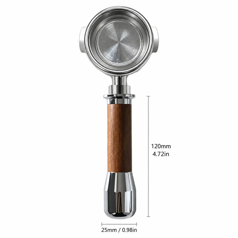 E61 Portafilter 58mm Wood Handle Bottomless & Spouted: handle bottomless front handle