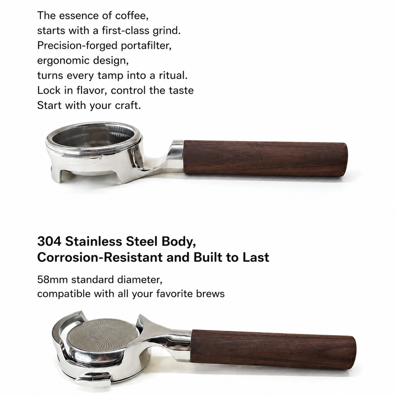 Feature card for the Yozcoffee 58mm bottomless portafilter showing 304 stainless steel body and flat base