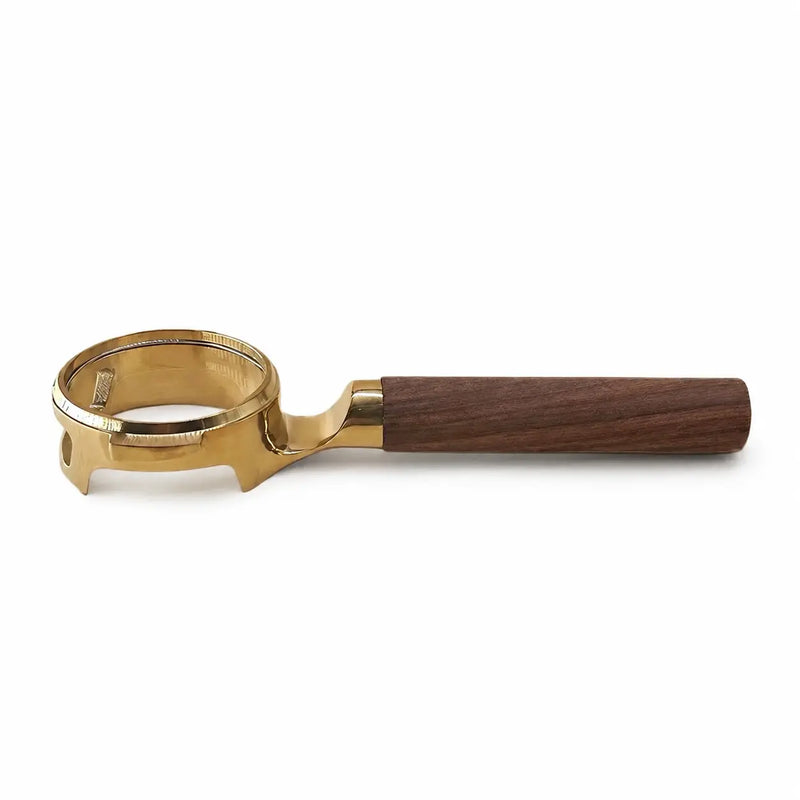 E61 Bottomless Portafilter 58mm Walnut Wood Handle Gold/Silver: gold walnut side