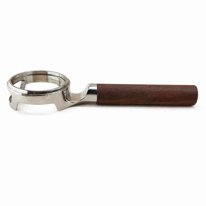 E61 Bottomless Portafilter 58mm Walnut Wood Handle Gold/Silver: silver walnut side