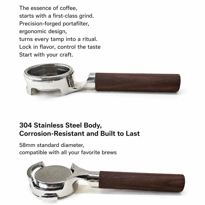 E61 Bottomless Portafilter 58mm Walnut Wood Handle Gold/Silver: stainless steel feature card