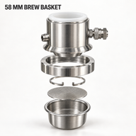 Exploded view of the pneumatic espresso maker 58 mm brew basket, screen, clip and locking ring
