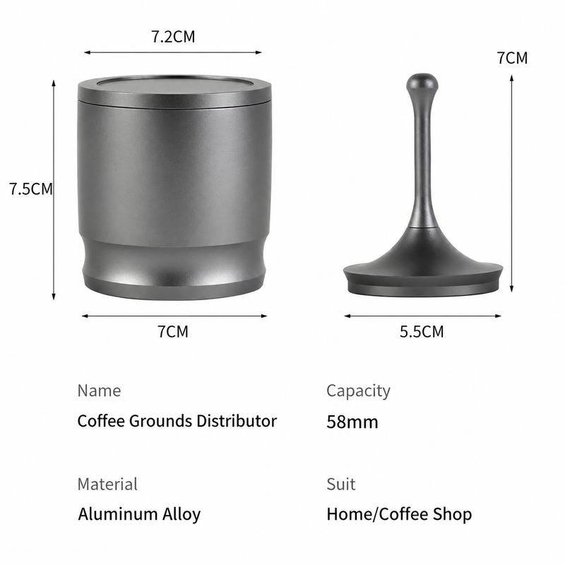 58mm aluminum alloy dosing cup and distributor with size labels and separate views of the cup and leveler