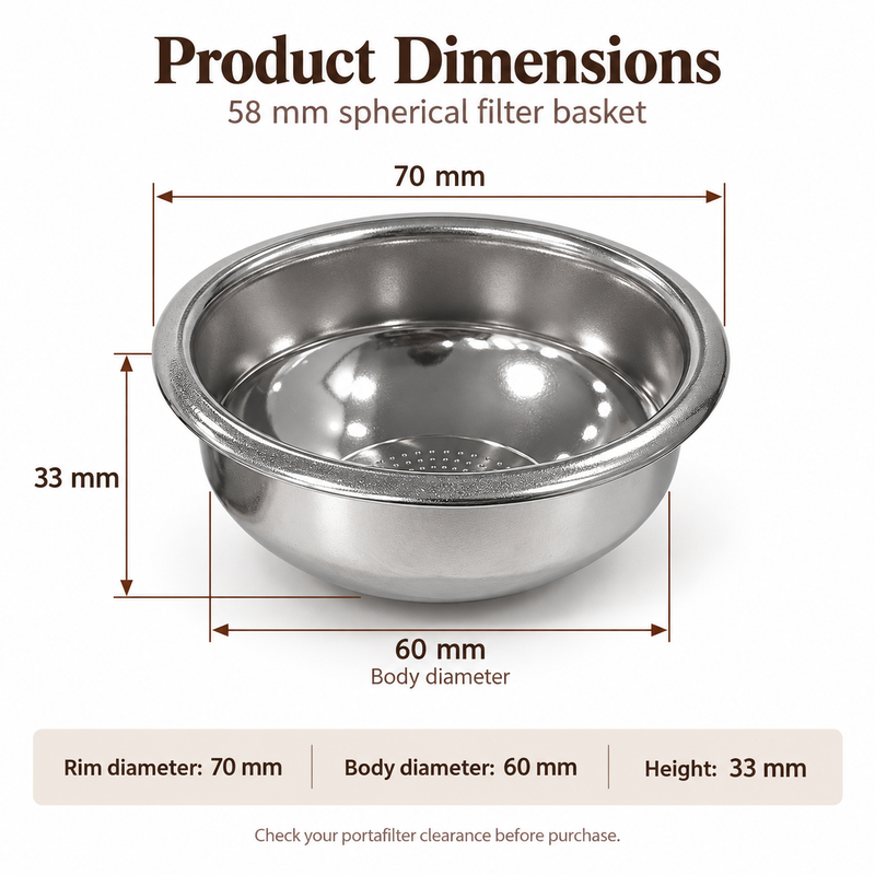 Espresso basket dimensions: 70mm rim diameter, 60mm outer body diameter and 33mm height