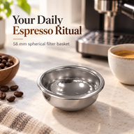 Rounded 58mm espresso basket on a home coffee counter beside a cup and espresso machine