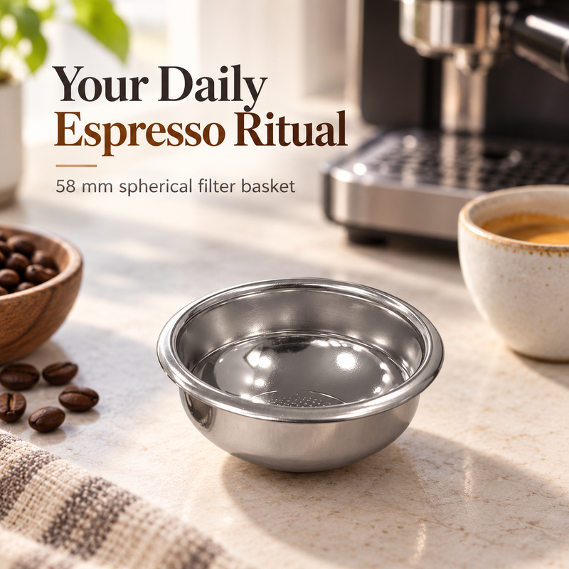 Rounded 58mm espresso basket on a home coffee counter beside a cup and espresso machine