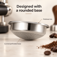 Side view showing the curved perforated base and polished rim of the silver espresso basket