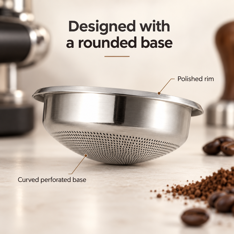 Side view showing the curved perforated base and polished rim of the silver espresso basket