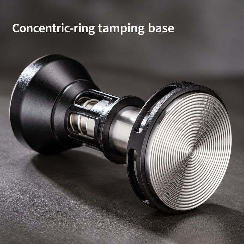 Concentric grooves on the stainless steel espresso tamper base