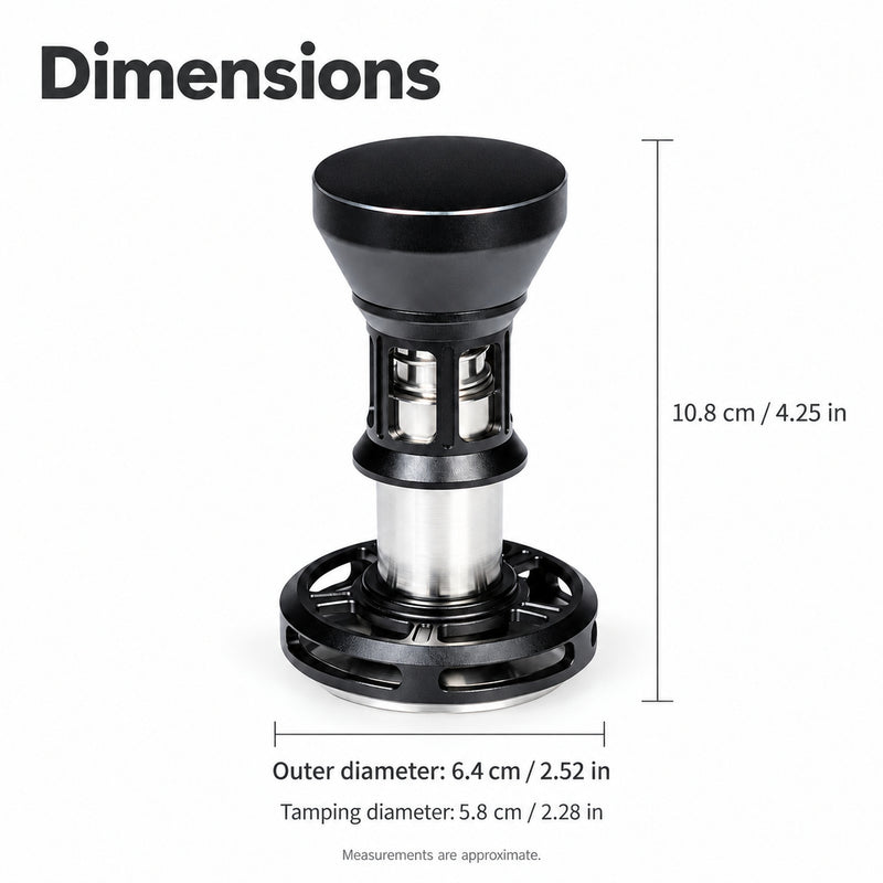 Tamper dimensions: 10.8cm height, 6.4cm outer ring and 5.8cm tamping base