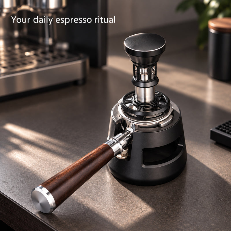 58mm espresso tamper resting in a portafilter at a home coffee station