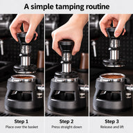 Three steps for using the 58mm espresso tamper: place, press, release and lift