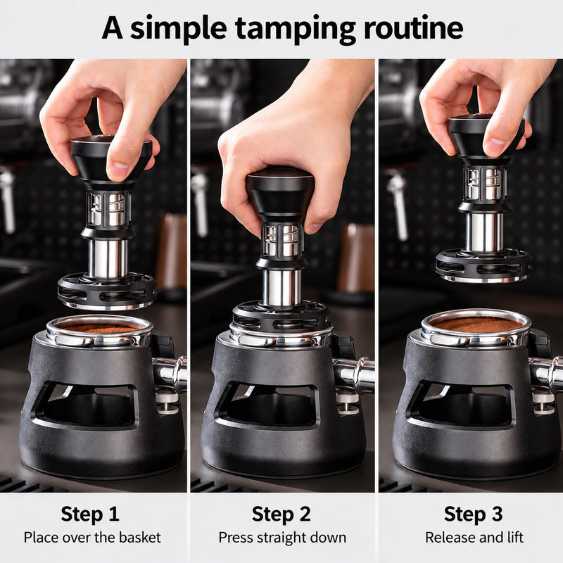 Three steps for using the 58mm espresso tamper: place, press, release and lift