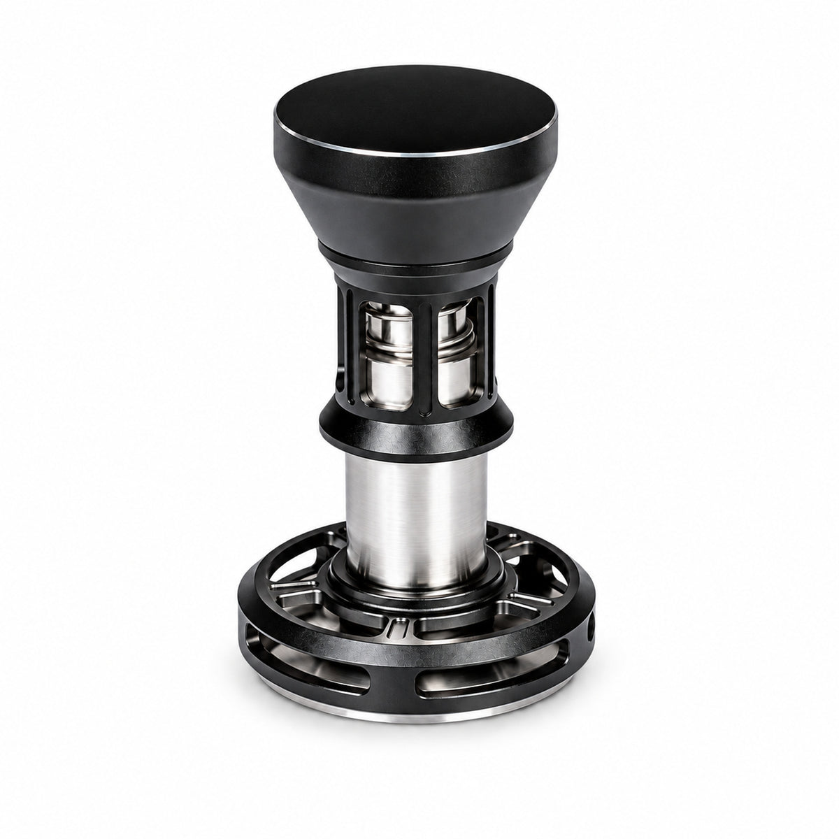 Black and silver 58mm mechanical impact espresso tamper on a white background