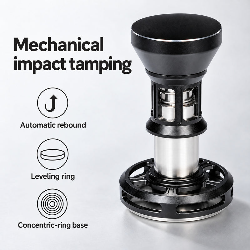 Mechanical impact tamper with automatic rebound, leveling ring and concentric-ring base