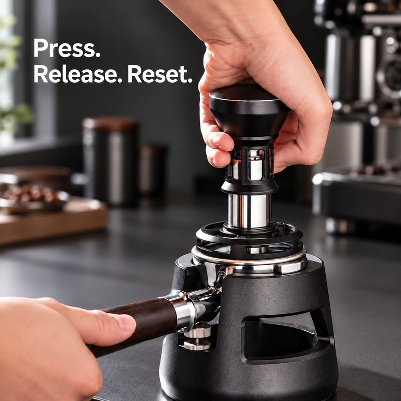 Hand pressing the 58mm impact tamper into an espresso basket