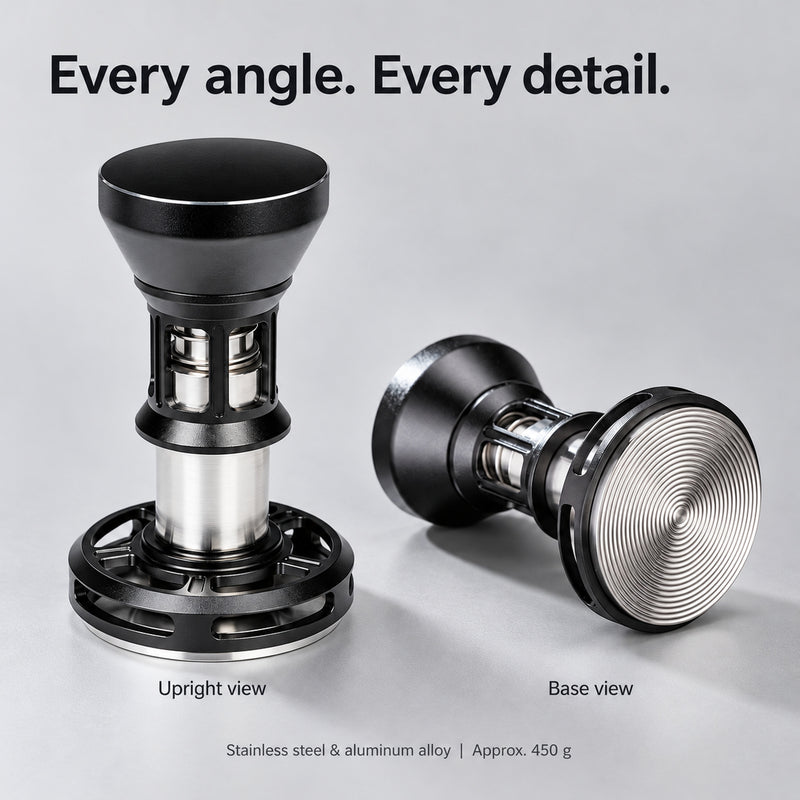 Upright and underside views of the black and silver 58mm espresso tamper