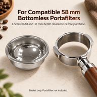Rounded basket beside an empty bottomless portafilter with a reminder to check rim fit and 33mm clearance