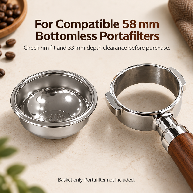 Rounded basket beside an empty bottomless portafilter with a reminder to check rim fit and 33mm clearance
