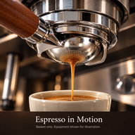 Espresso flowing from the rounded base of a Yozcoffee 58mm filter basket in a bottomless portafilter