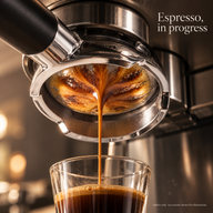 Espresso flowing through the Yozcoffee 58mm rounded filter basket in a bottomless portafilter into a glass