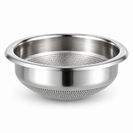 Yozcoffee 58mm silver espresso filter basket with a rounded perforated base on a white background