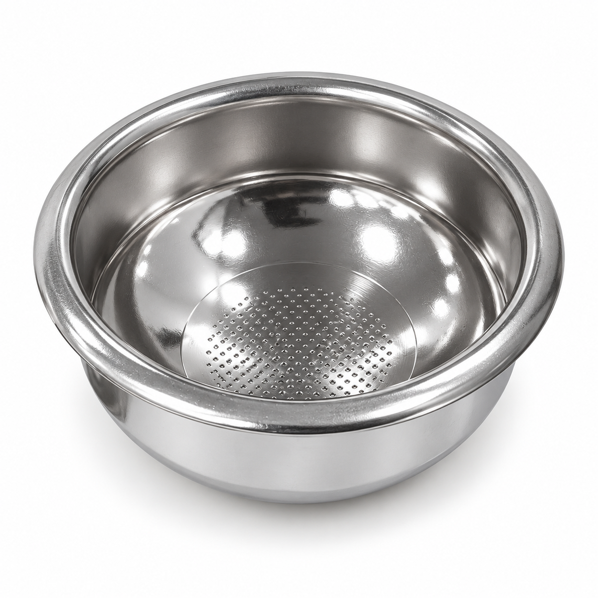 Yozcoffee 58mm rounded espresso filter basket in silver 304 stainless steel on a white background