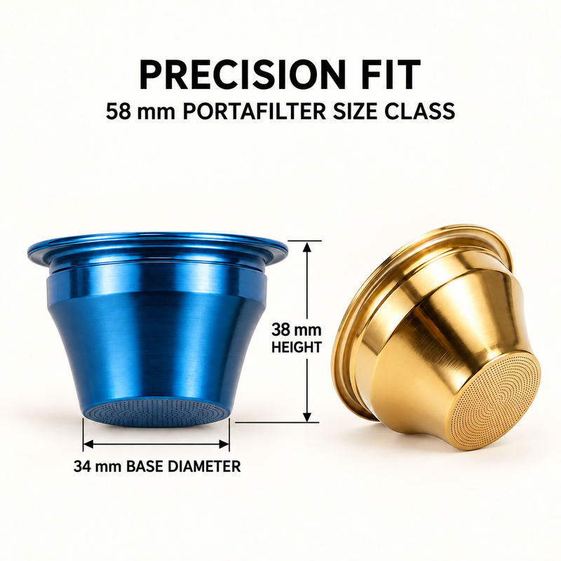 58mm portafilter size class with 34mm basket base diameter and 38mm height