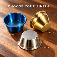 Blue, gold and silver 58mm tapered espresso filter basket finish options