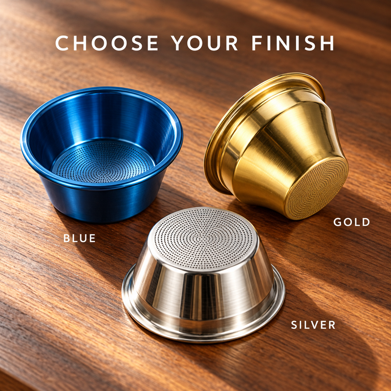 Blue, gold and silver 58mm tapered espresso filter basket finish options