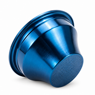 Blue Yozcoffee 58mm tapered espresso filter basket on a white background