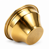Gold Yozcoffee 58mm tapered espresso filter basket on a white background