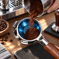 Blue 58mm tapered espresso filter basket in a portafilter as ground coffee is added