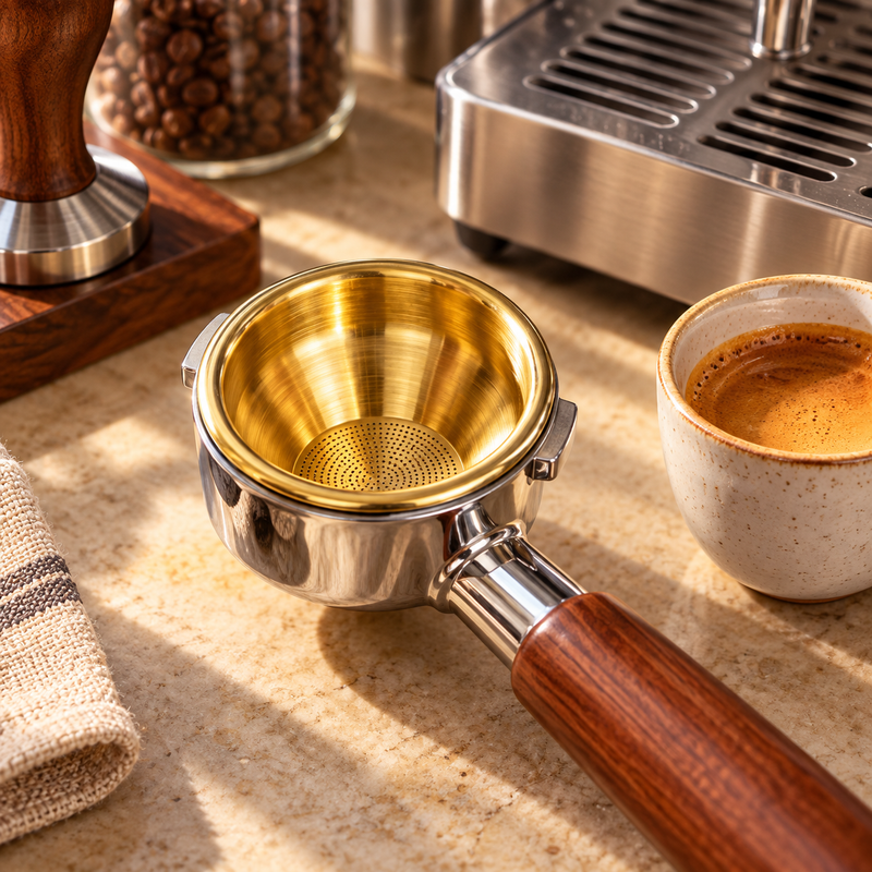 Gold 58mm tapered espresso filter basket seated in a portafilter on a coffee bar