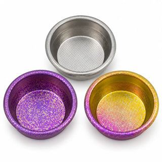 58mm titanium espresso baskets in Silver, Purple and Rainbow; one selected color per purchase