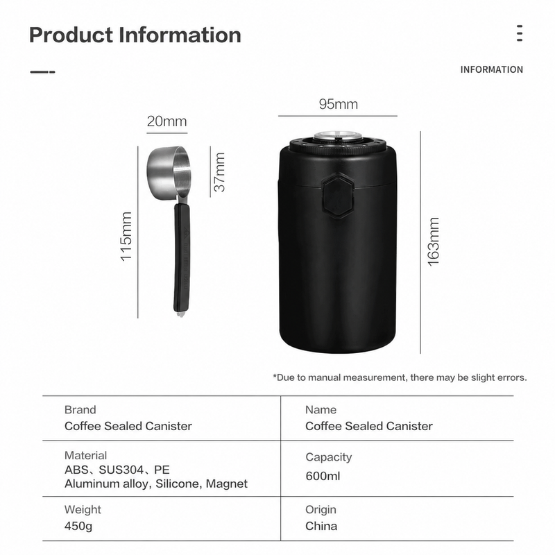 Yozcoffee 600ml airtight coffee bean canister in black with product dimensions and scoop