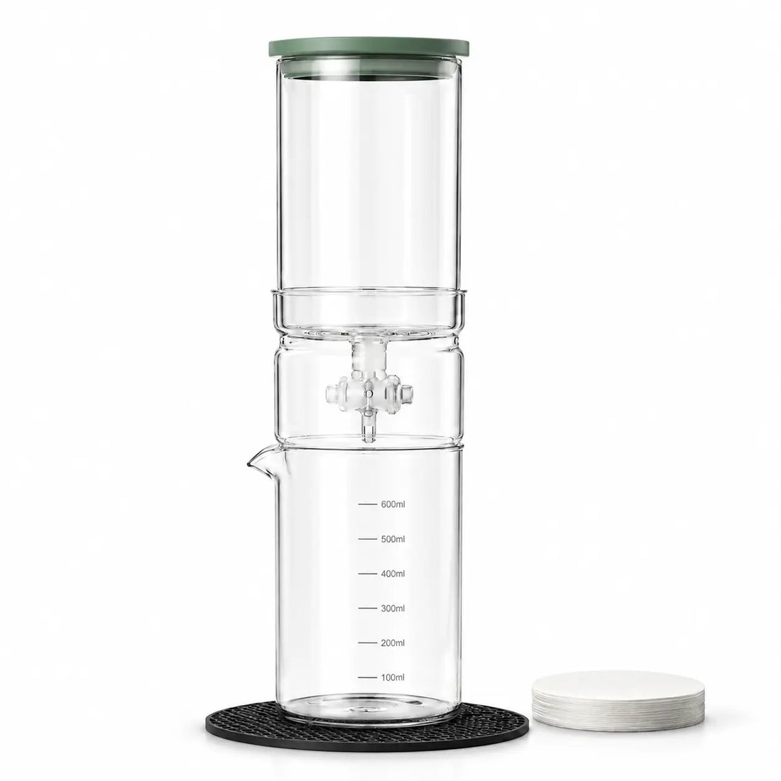 Yozcoffee 600ml glass cold drip coffee maker with sage lid and filter papers on white background