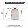 Yozcoffee 600ml gooseneck pour over kettle dimension chart showing height width and opening size