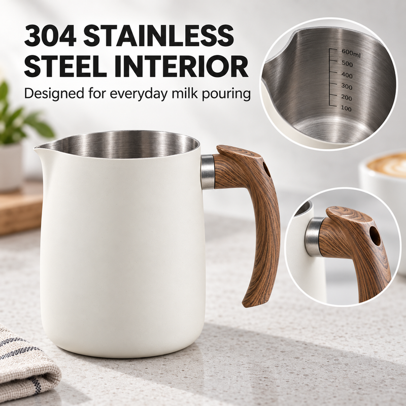 Cream-white 600 ml milk pitcher with brushed 304 stainless steel interior and faux wood-grain handle