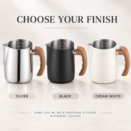 Silver, black and cream-white color options for the Yozcoffee 600 ml milk frothing pitcher