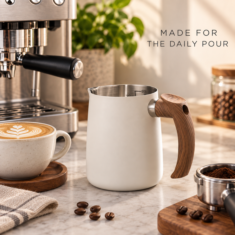 Cream-white 600 ml milk frothing pitcher beside an espresso machine and latte