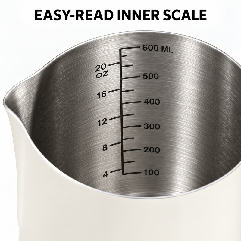 Brushed stainless steel interior of 600 ml milk pitcher with milliliter and ounce markings