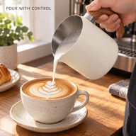 Cream-white 600 ml milk pitcher pouring steamed milk into a latte art coffee