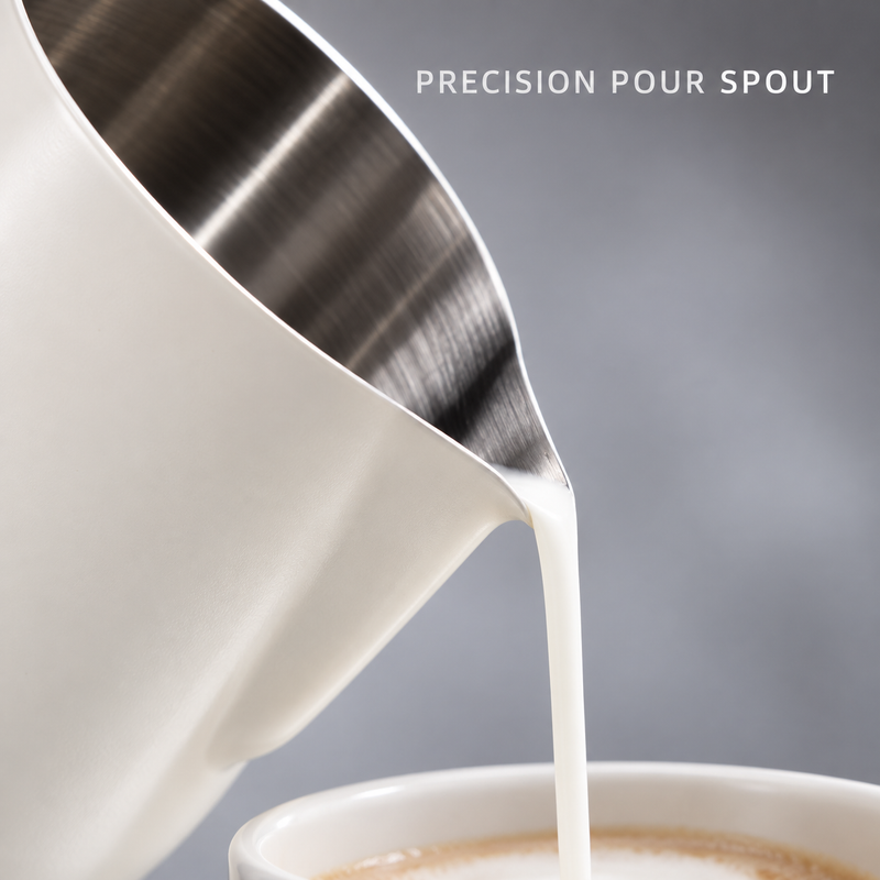 Close-up of the pointed pouring spout on the cream-white 600 ml milk pitcher
