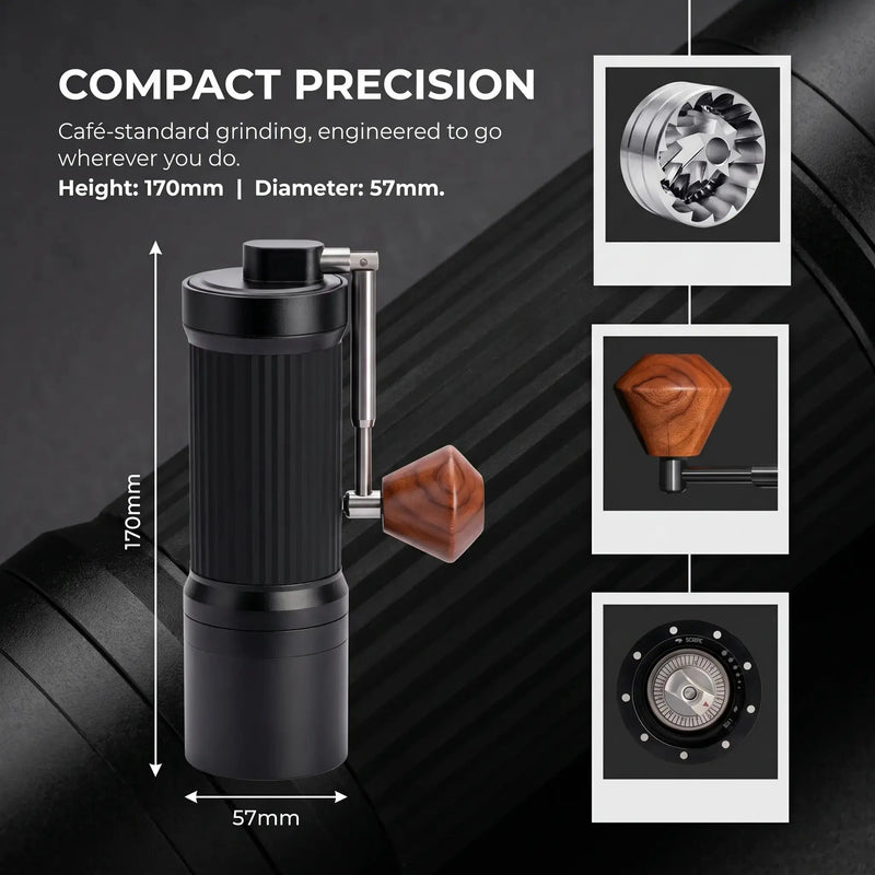 Manual Coffee Grinder 40 Settings Stainless Steel Burr: compact specifications infographic
